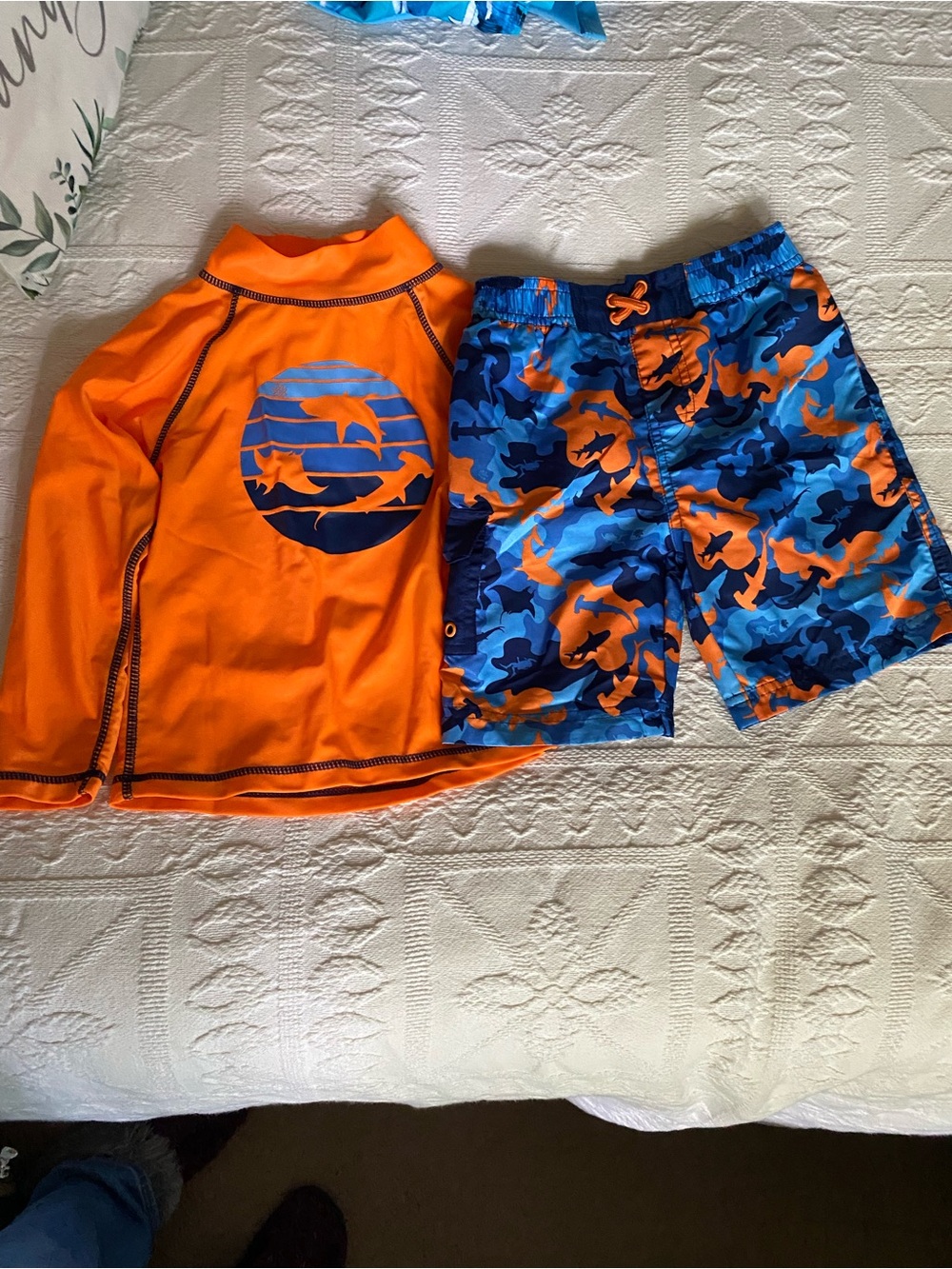 Boys Orange Shark Rash Guard & Blue Orange Camo Swim Shorts Set